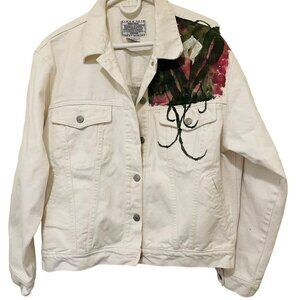 Vintage Jordache Jean Jacket Coat Hand Painted Floral Design White‎ Size Large